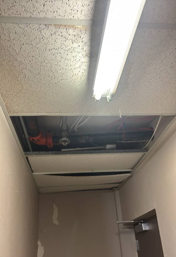Missing ceiling tile exposing fire suppression system documented during FCA