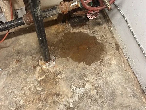 Water pooled on the floor beneath riser piping and a valve